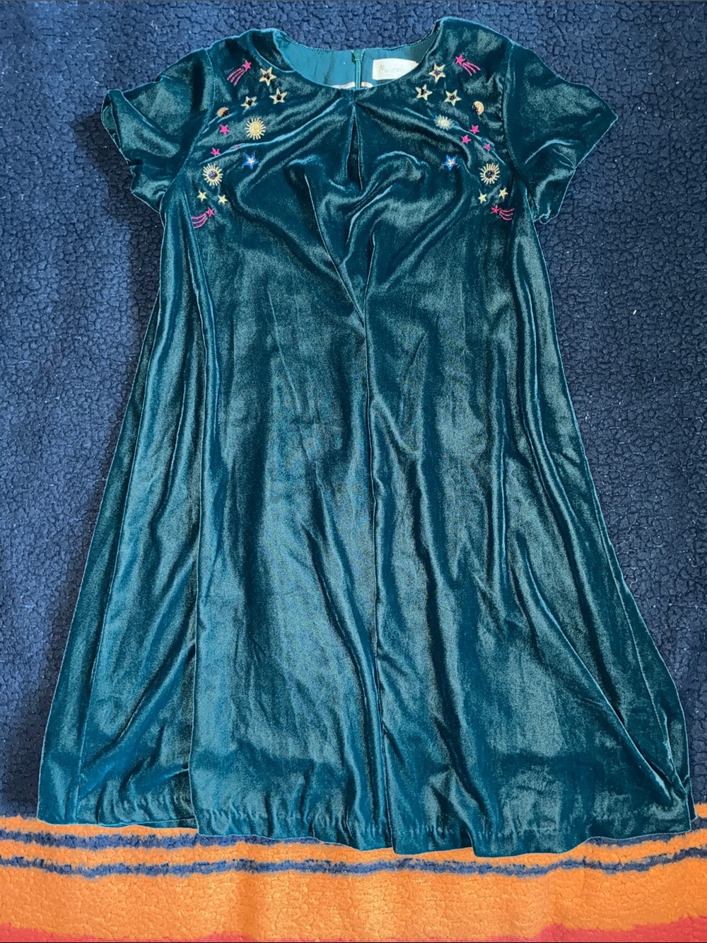 Mini Boden Teal Velvet Dress with Star & Sun Embroidery